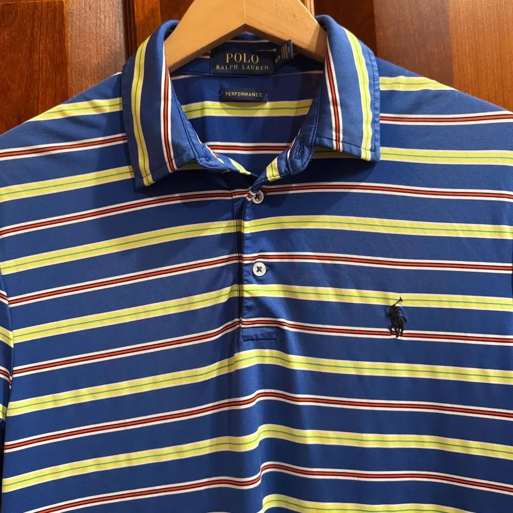 Polo Ralph Lauren Men's Performance Blue Striped Golf Stretch Polo Shirt Medium